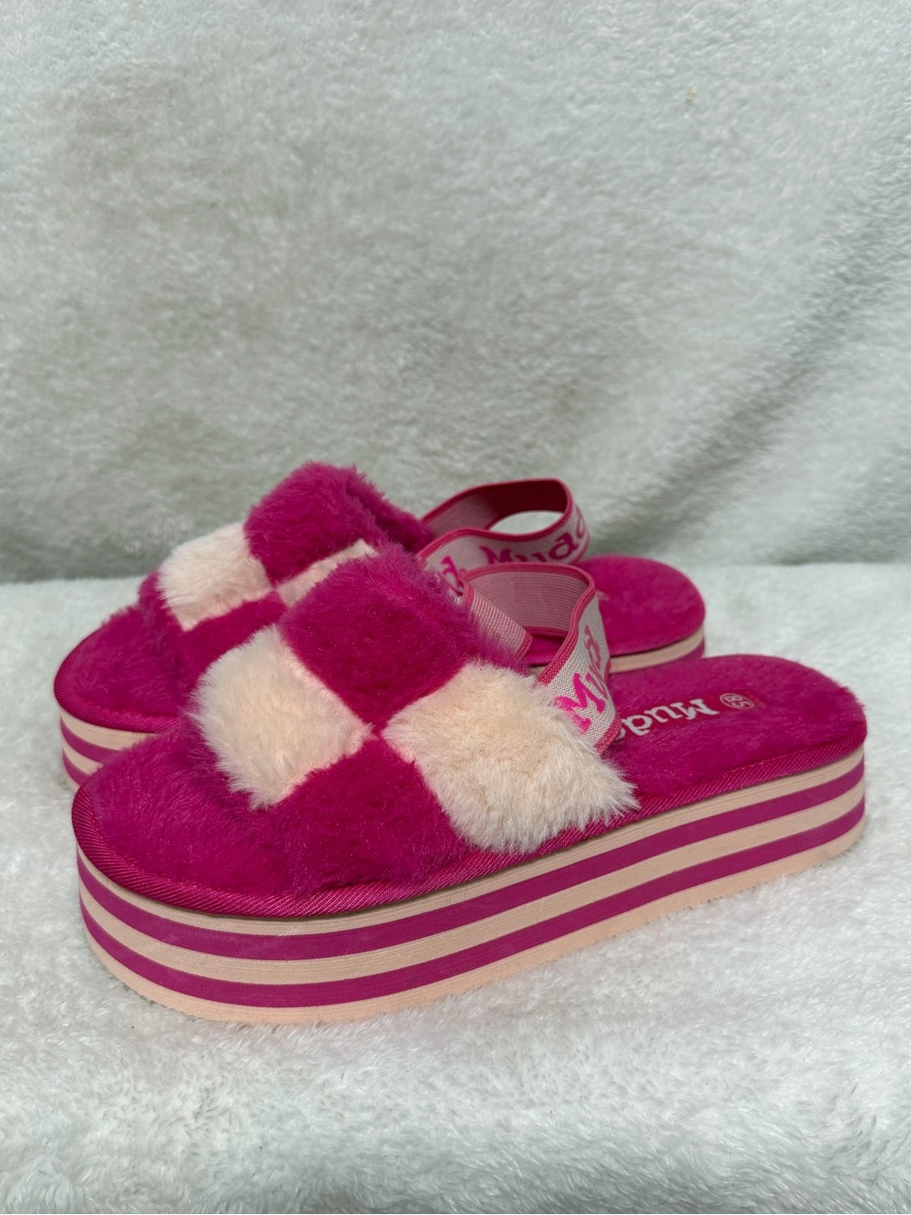 Mudd Platform Slide Sandals Pink White Checkered Faux Fur Fuzzy Striped Size 8.5